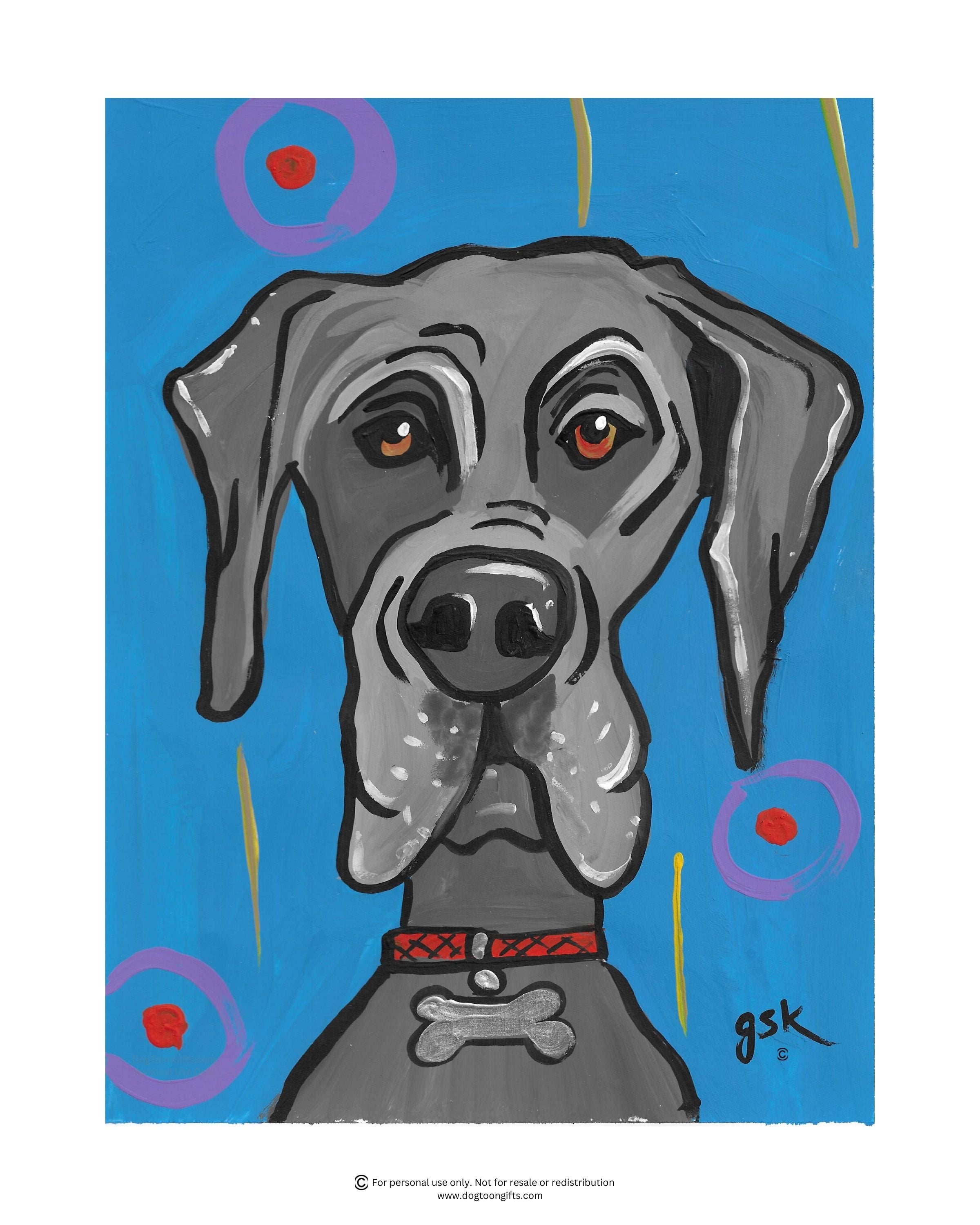 Hand-drawn Great Dane dog wall art - digital download printable file in 8x10, A4, and 16x20 inches - DogToonGifts