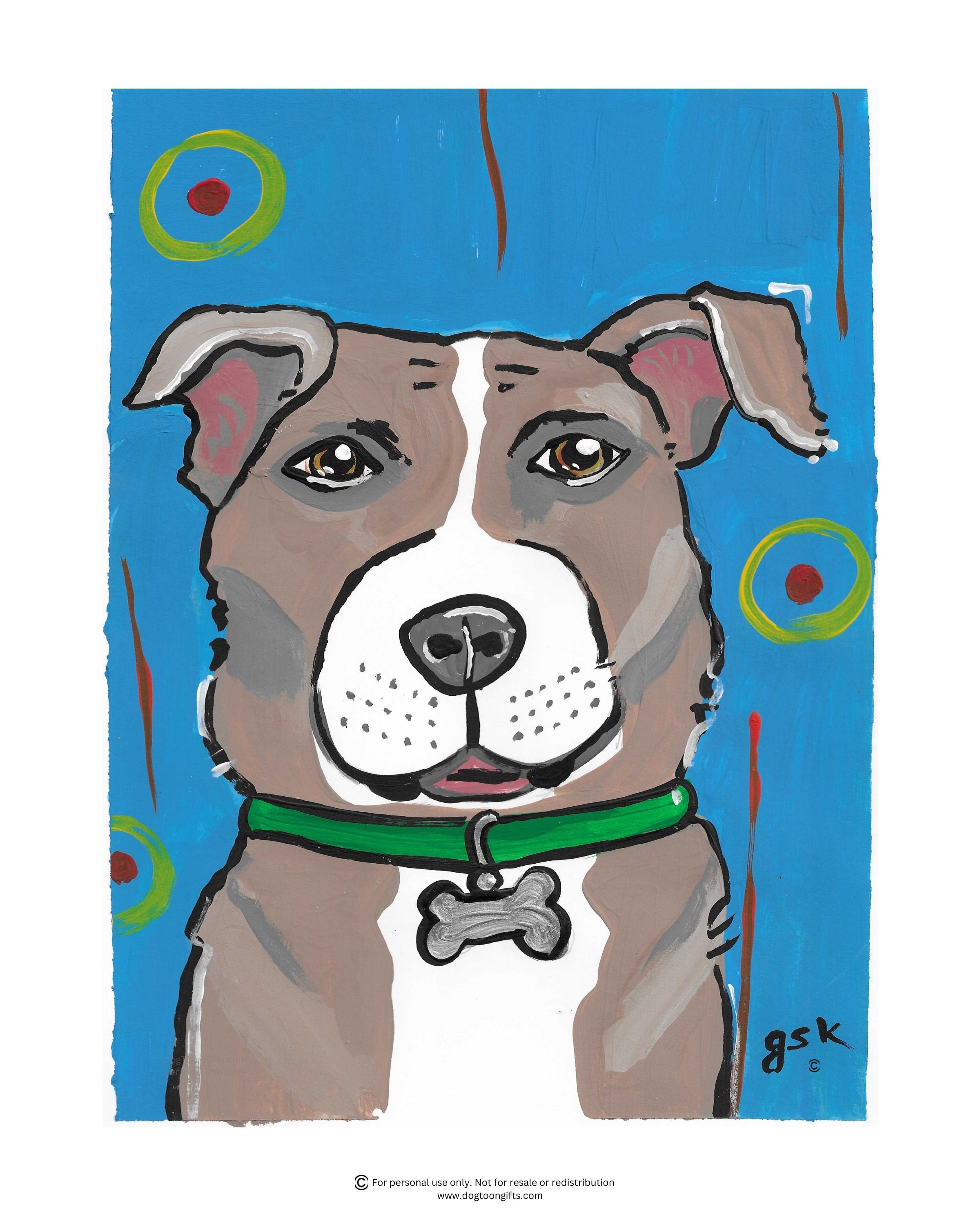 Hand-drawn Pit Bull dog wall art - digital download printable file in 8x10, A4, and 16x20 inches - DogToonGifts