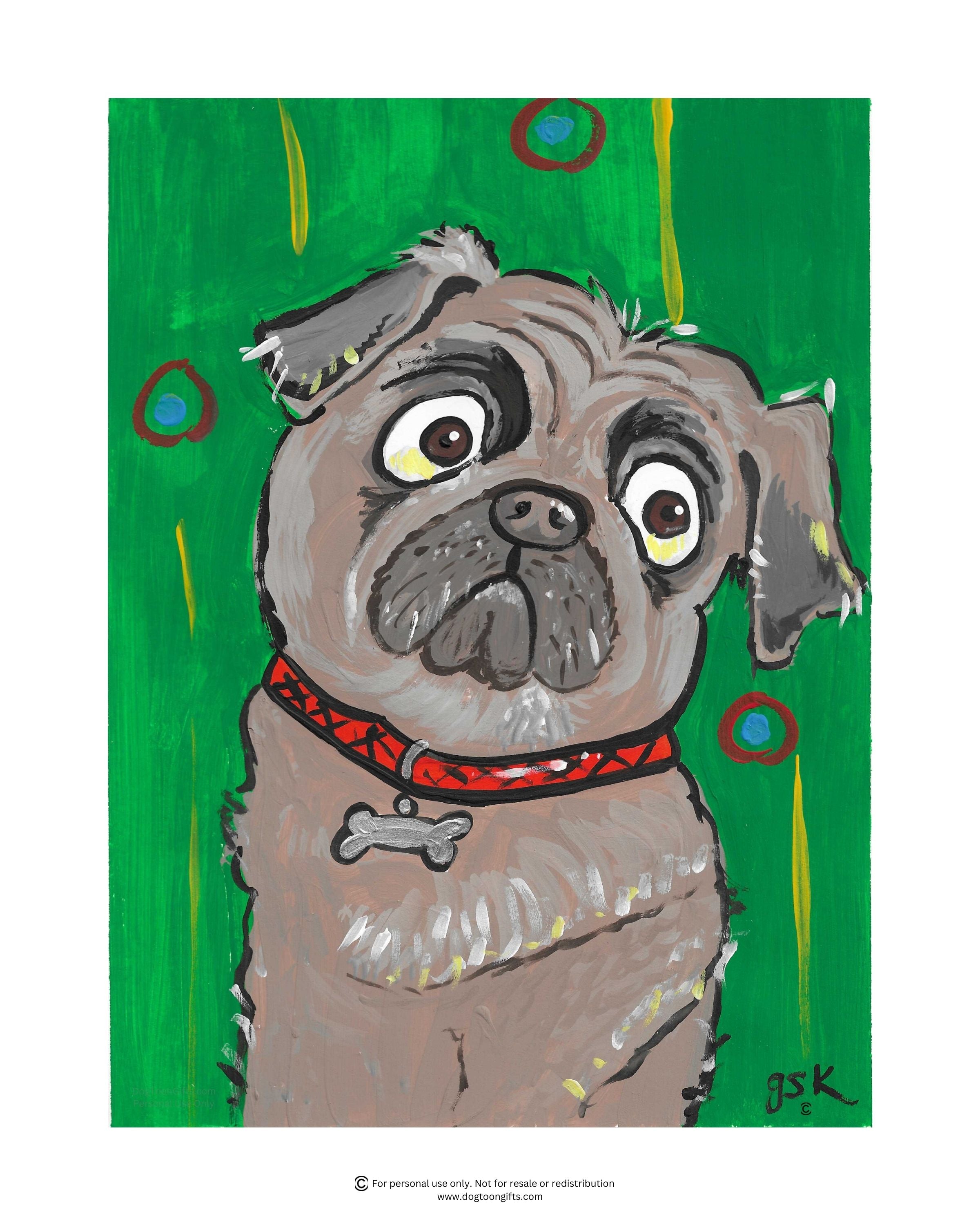 Hand-drawn Pug dog wall art - digital download printable file in 8x10, A4, and 16x20 inches - DogToonGifts