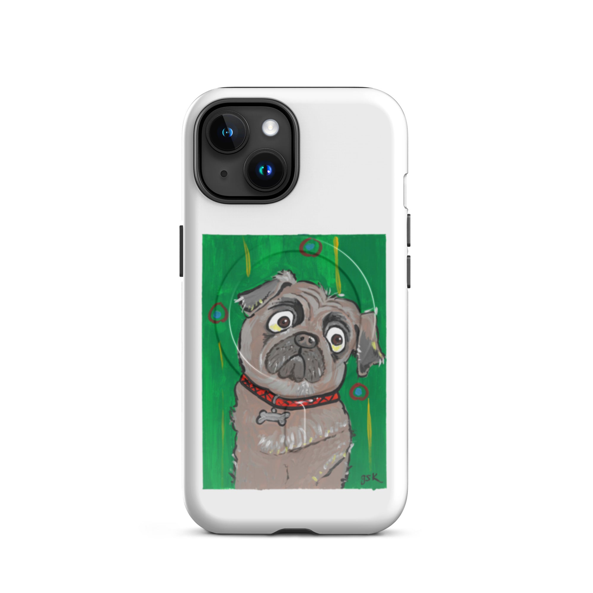 Pug dog phone case with cartoon artwork