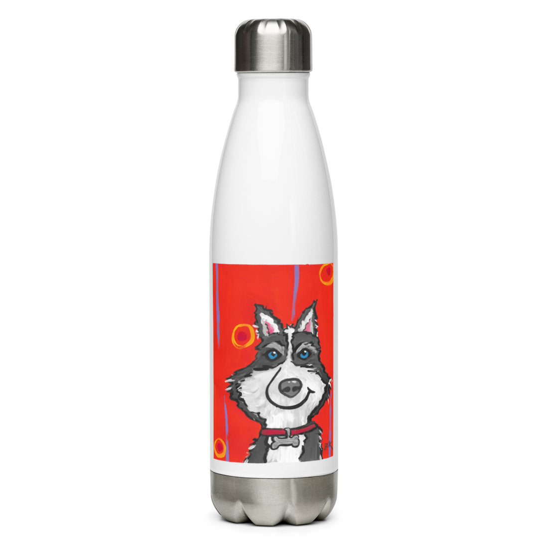 Husky dog water bottle with cartoon artwork