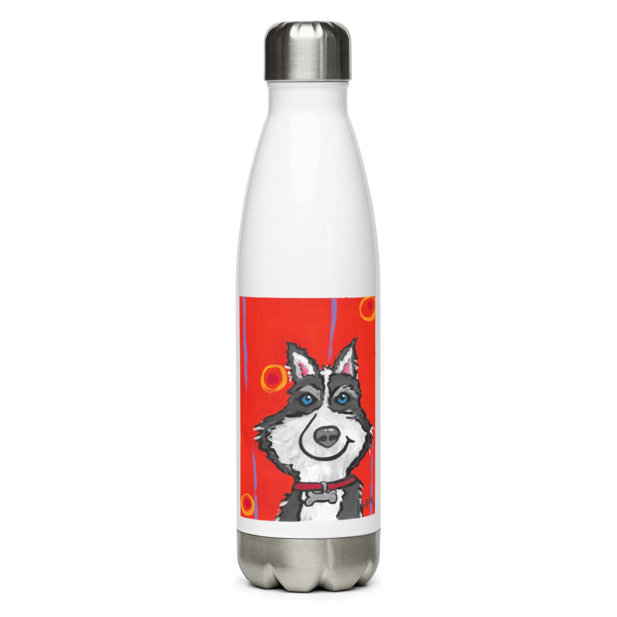 Husky dog water bottle with cartoon artwork