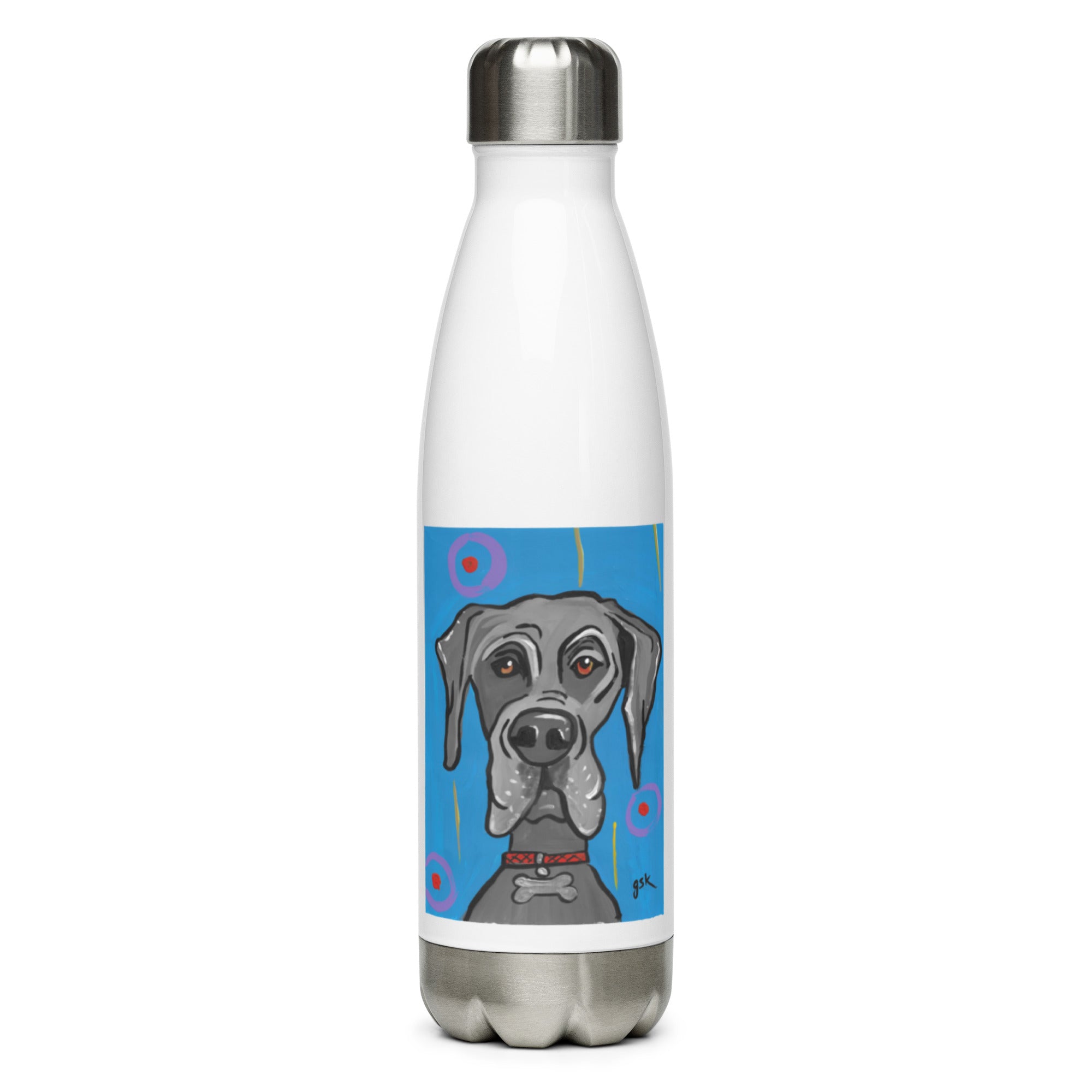 Great Dane dog water bottle with cartoon artwork