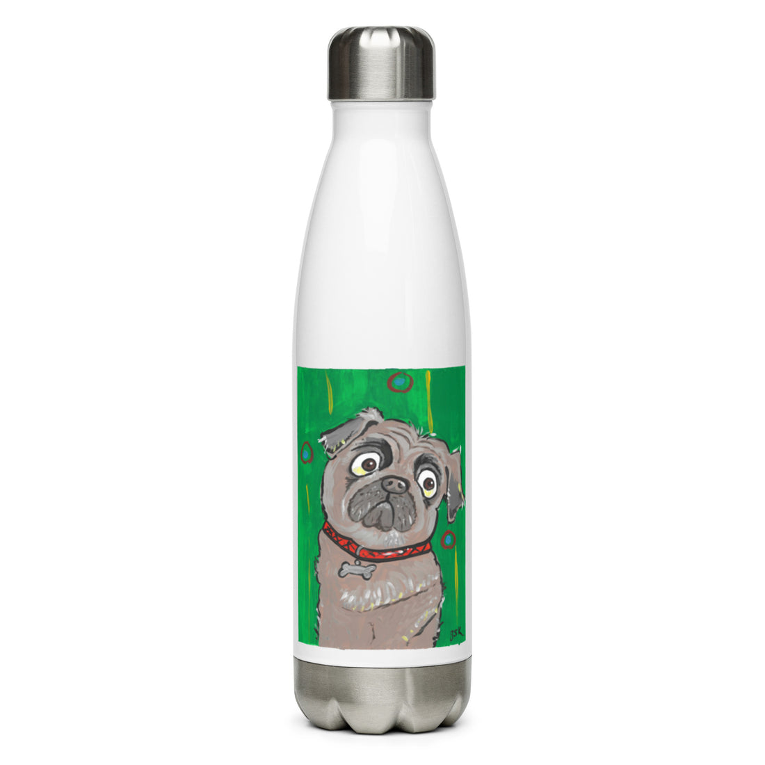 Pug dog water bottle with cartoon artwork