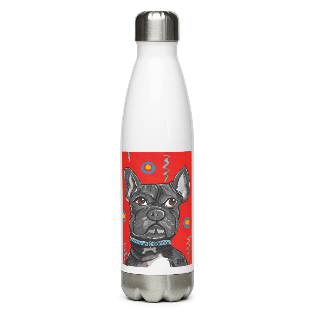 Bulldog water bottle with cartoon artwork