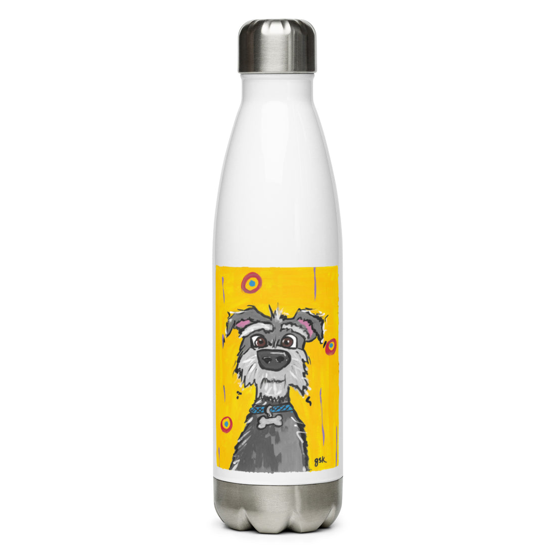 Schnauzer dog water bottle with cartoon artwork