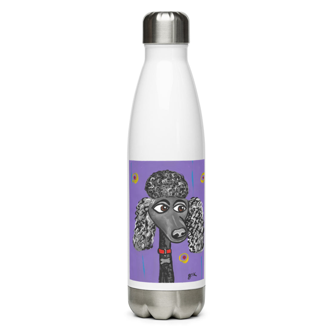Poodle dog water bottle with cartoon artwork