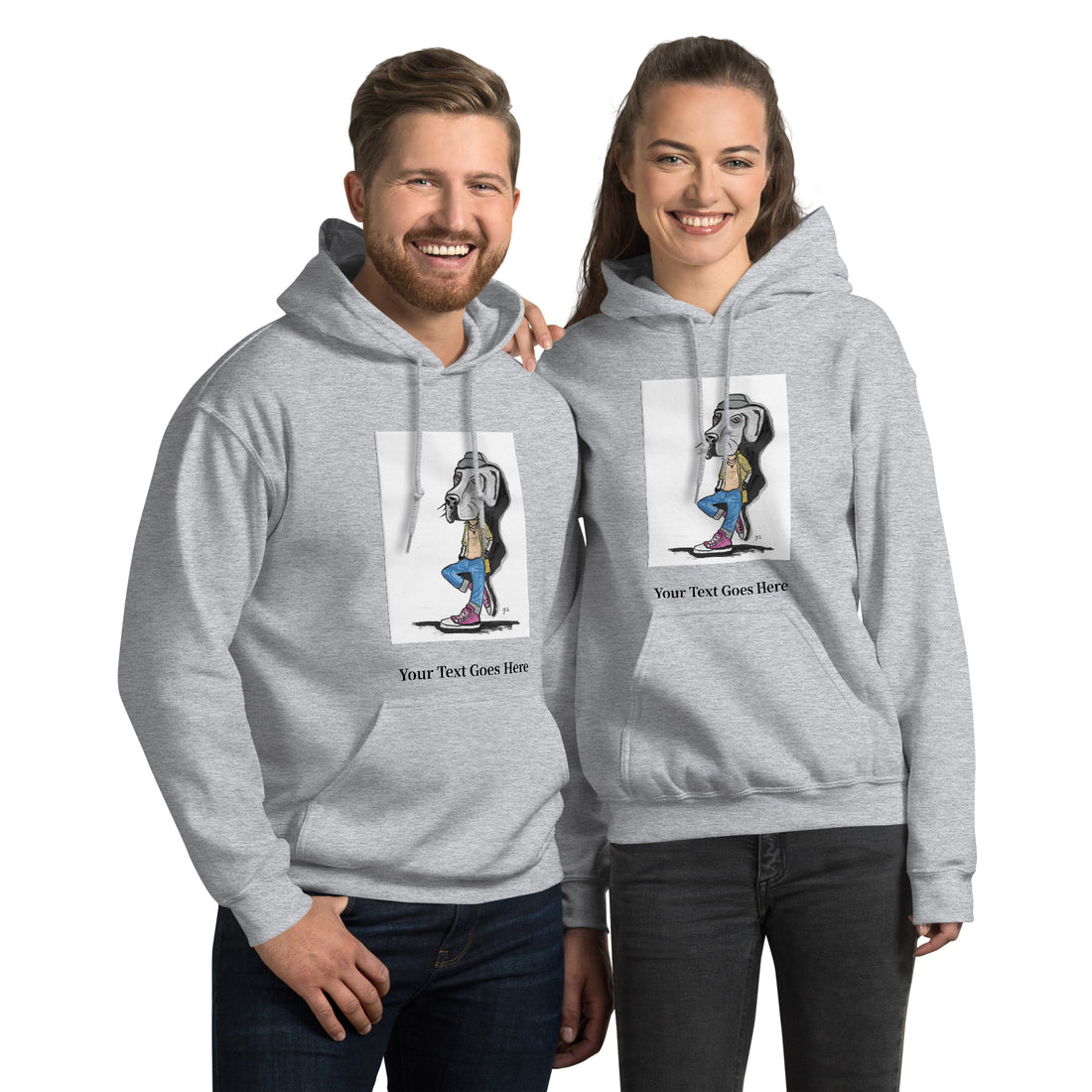 Custom dog hoodie with DogToon artwork and personalized text – cozy unisex gift for dog moms and dads