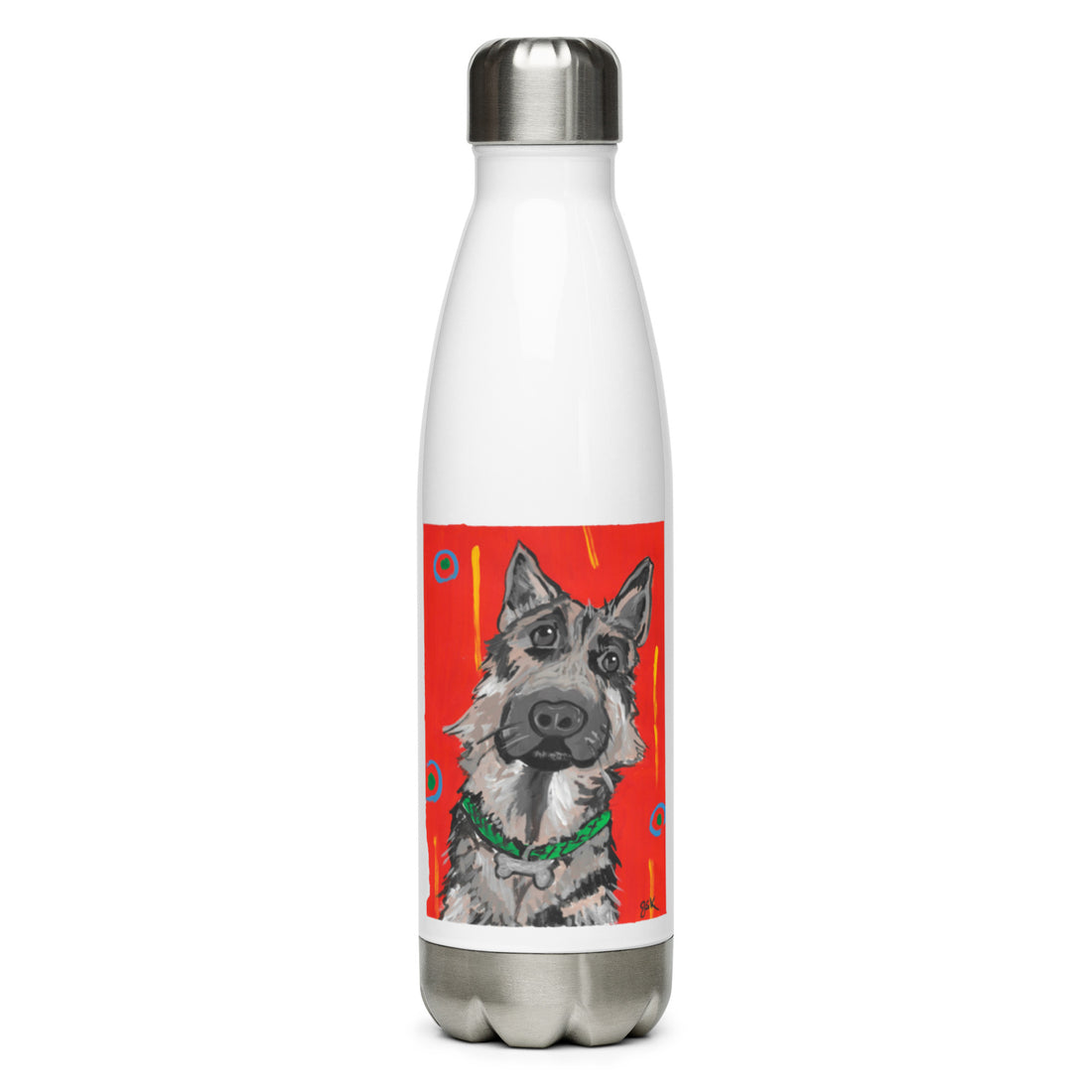 German Shepherd dog water bottle with cartoon artwork