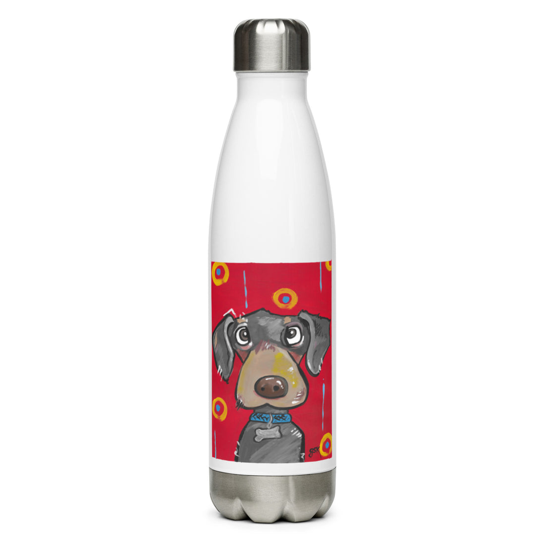 Dachshund dog water bottle with cartoon artwork