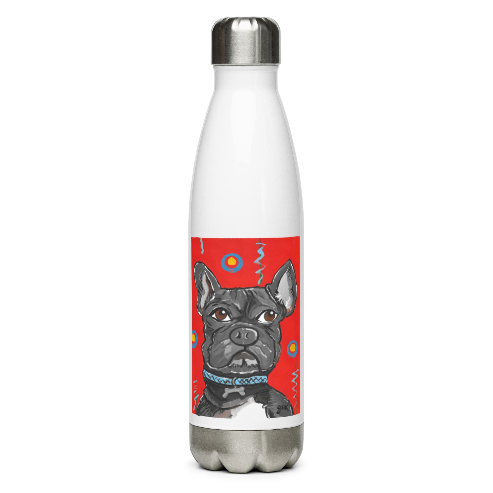Bulldog water bottle with cartoon artwork