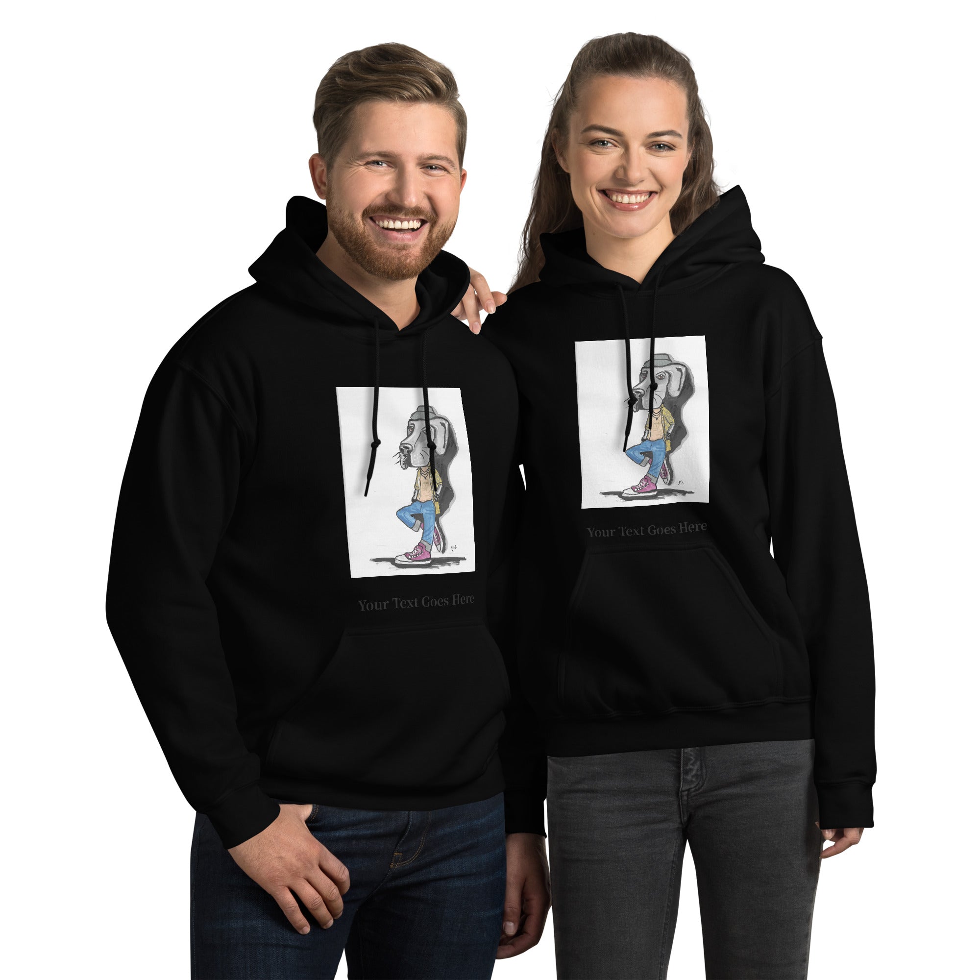Custom dog hoodie with DogToon artwork and personalized text – cozy unisex gift for dog moms and dads