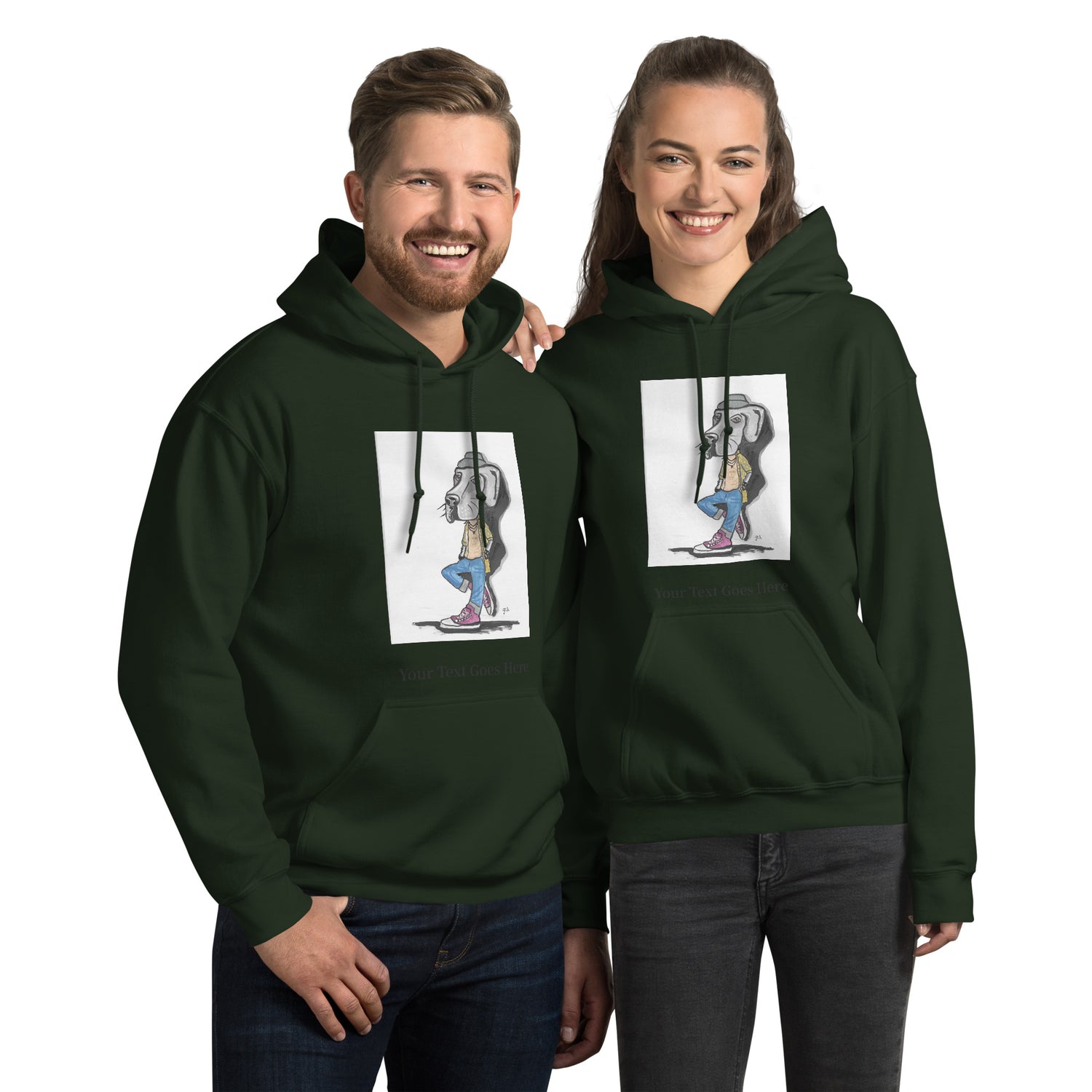Custom dog hoodie with DogToon artwork and personalized text – cozy unisex gift for dog moms and dads