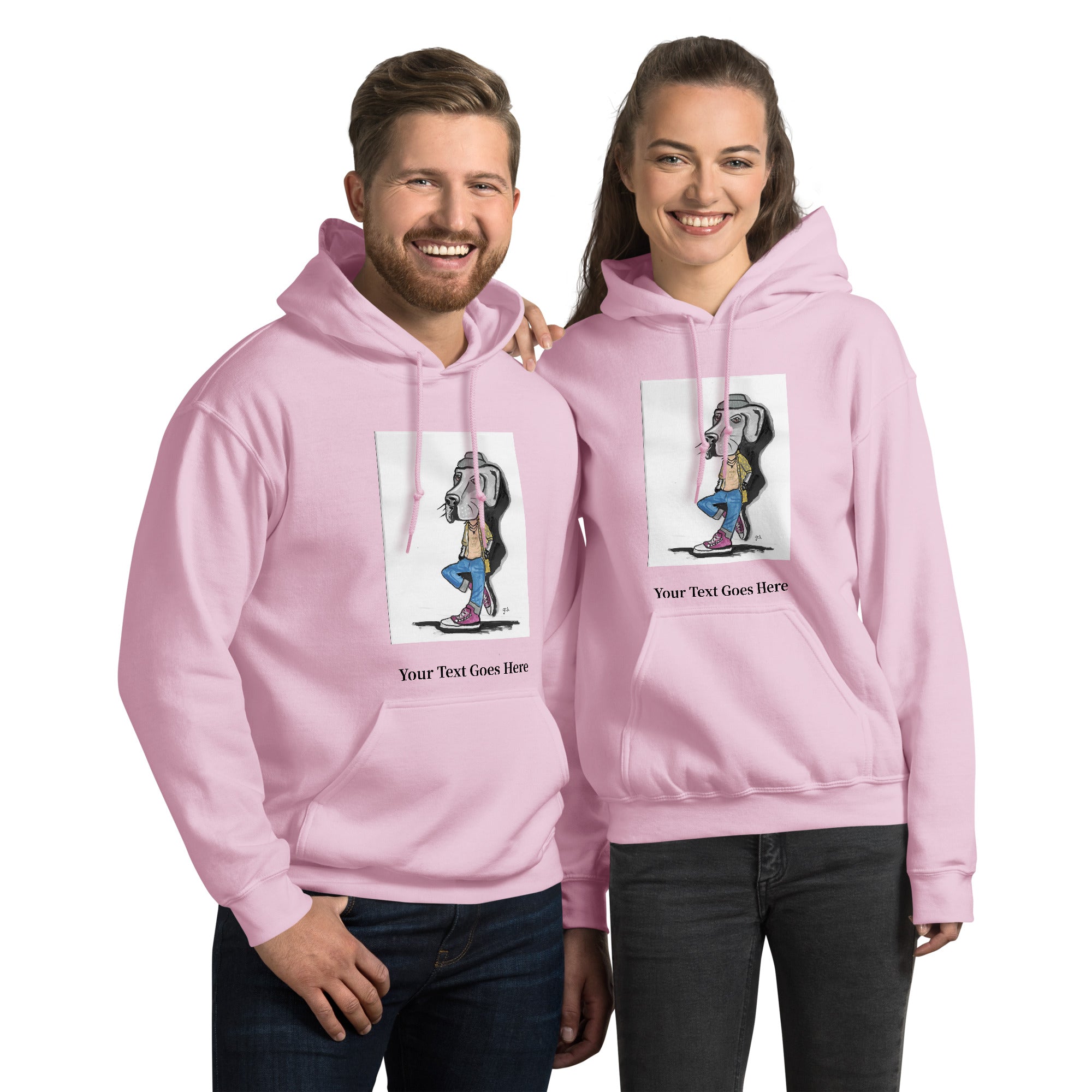 Custom dog hoodie with DogToon artwork and personalized text – cozy unisex gift for dog moms and dads