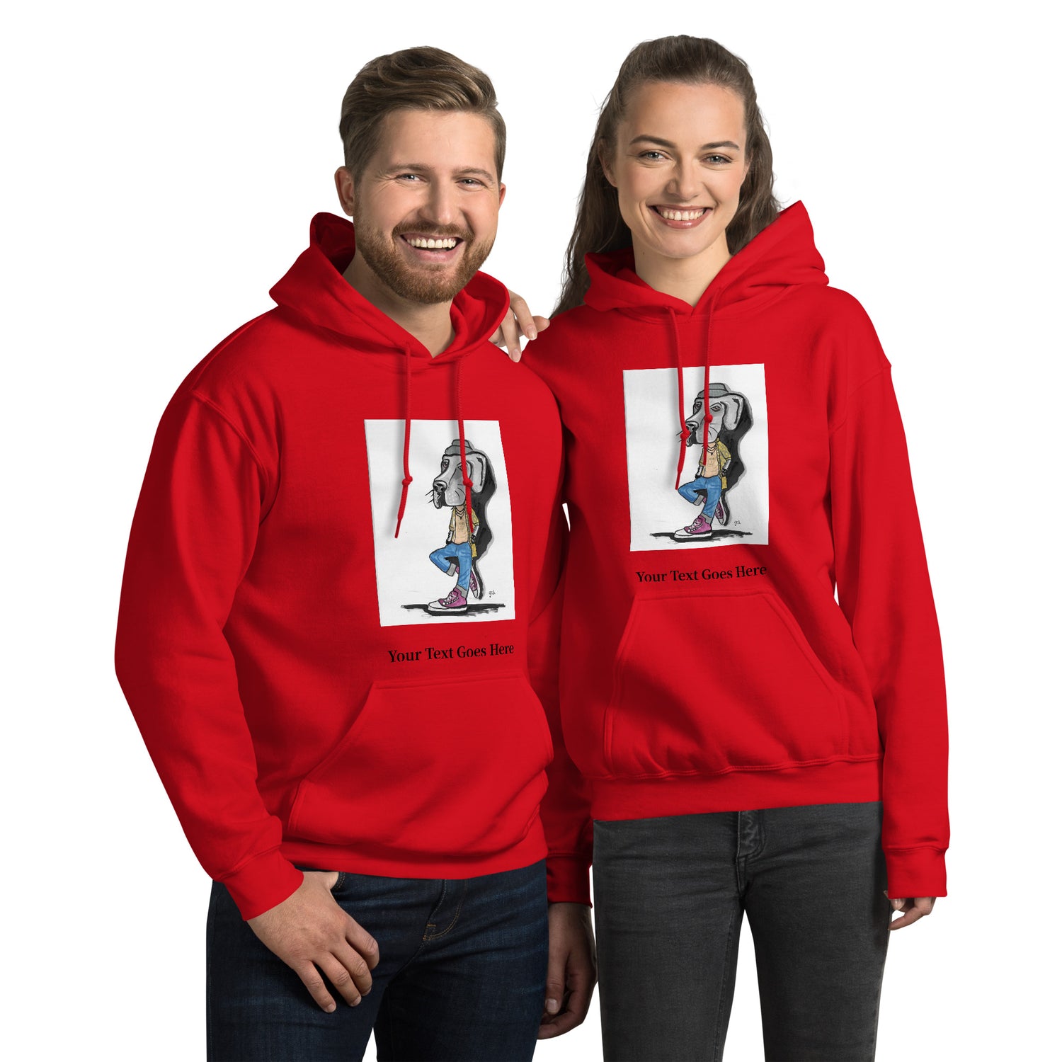 Custom dog hoodie with DogToon artwork and personalized text – cozy unisex gift for dog moms and dads