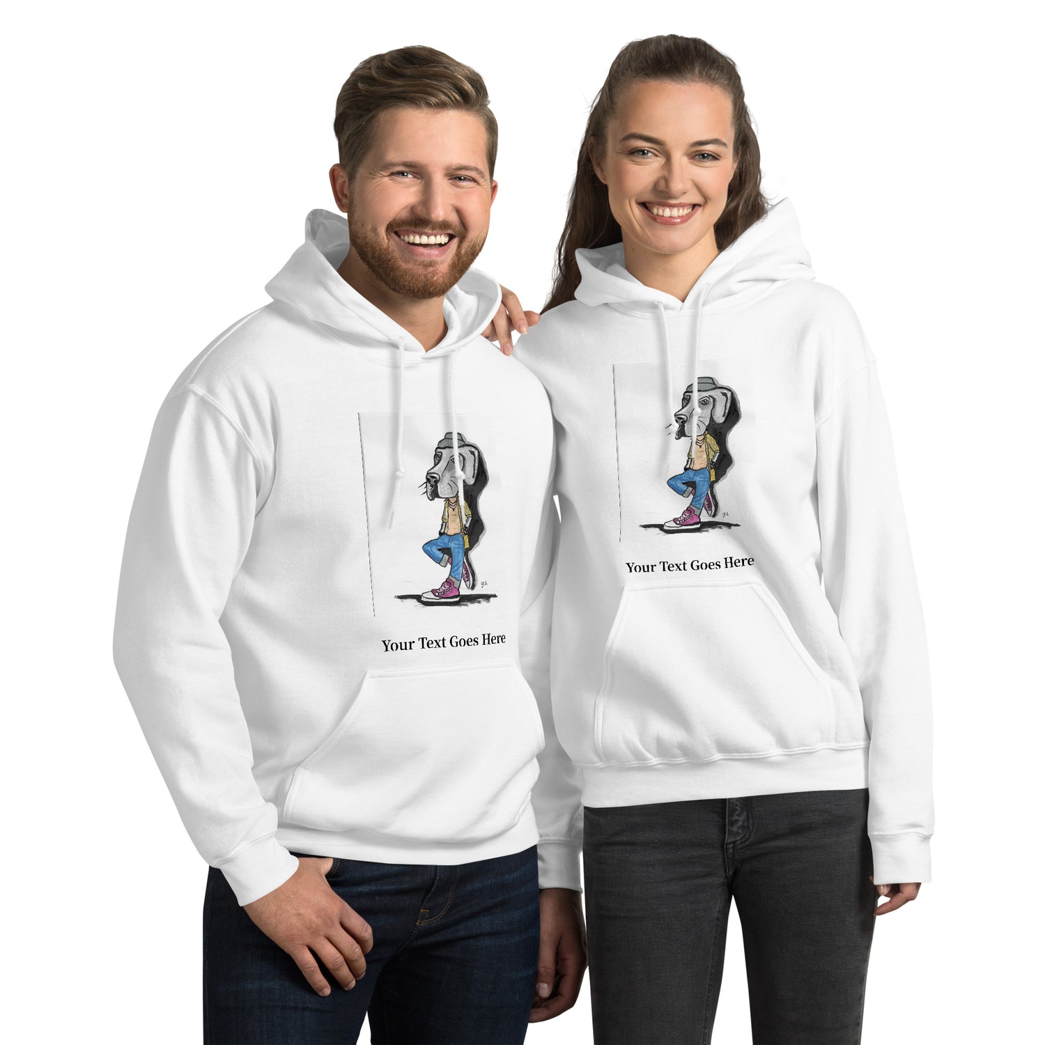 Custom dog hoodie with DogToon artwork and personalized text – cozy unisex gift for dog moms and dads